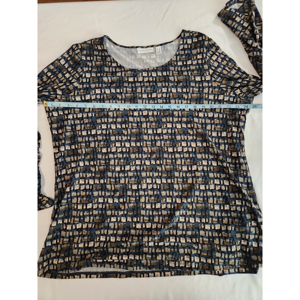 Susan Graver Blue Geometric Block Print Tunic Ruched Flared Sleeves Size‎ 1X - Picture 6 of 9